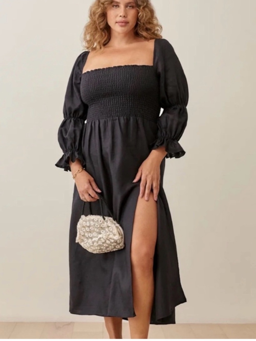 Reformation Hyland Black Smocked Square-Neck Midi Dress with Puff Sleeves